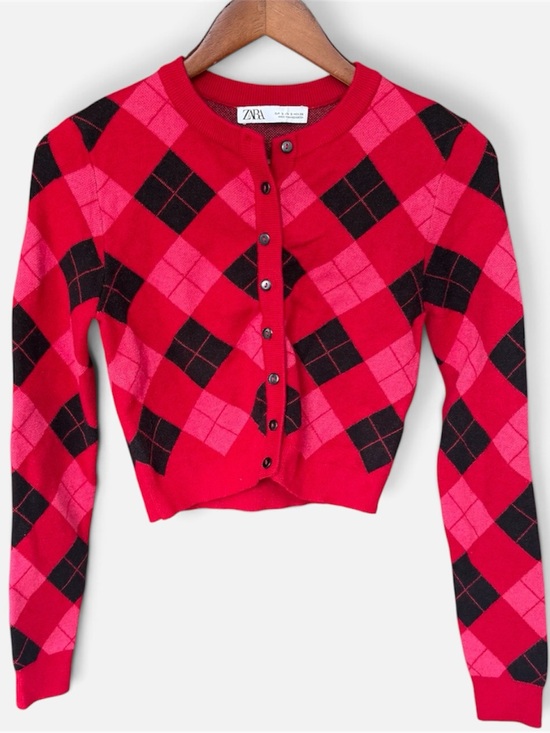 Zara Sweaters - Zara Red Black Pink Argyle Cropped Cardigan Sweater Small Preppy Knit Button